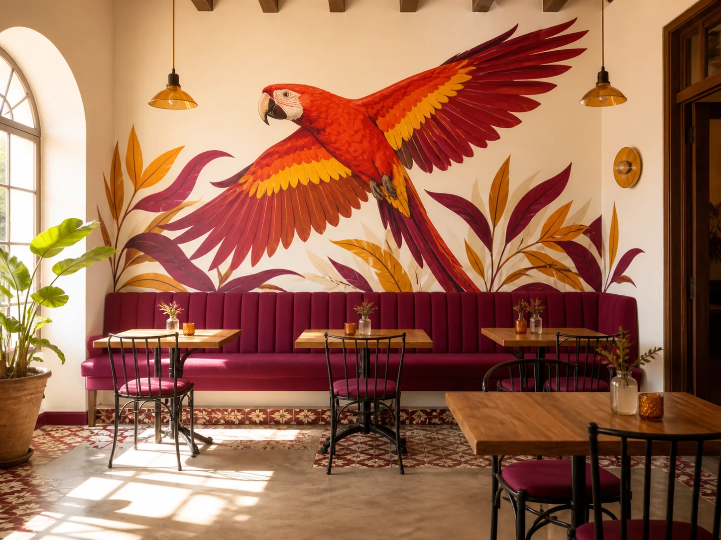 El mural de la guacamaya que ocupa la pared del fondo del salón